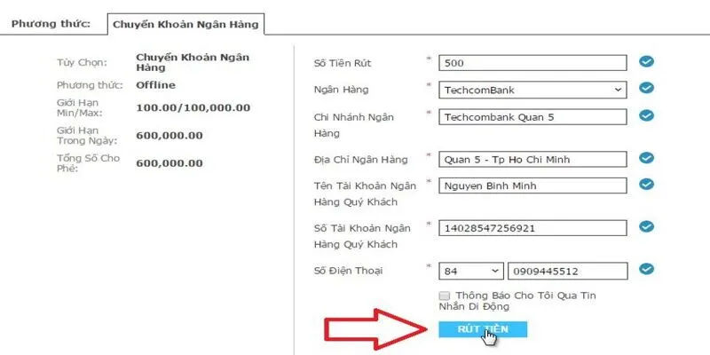 Điền đầy đủ thông tin theo từng ô hướng dẫn khi thực hiện lệnh rút